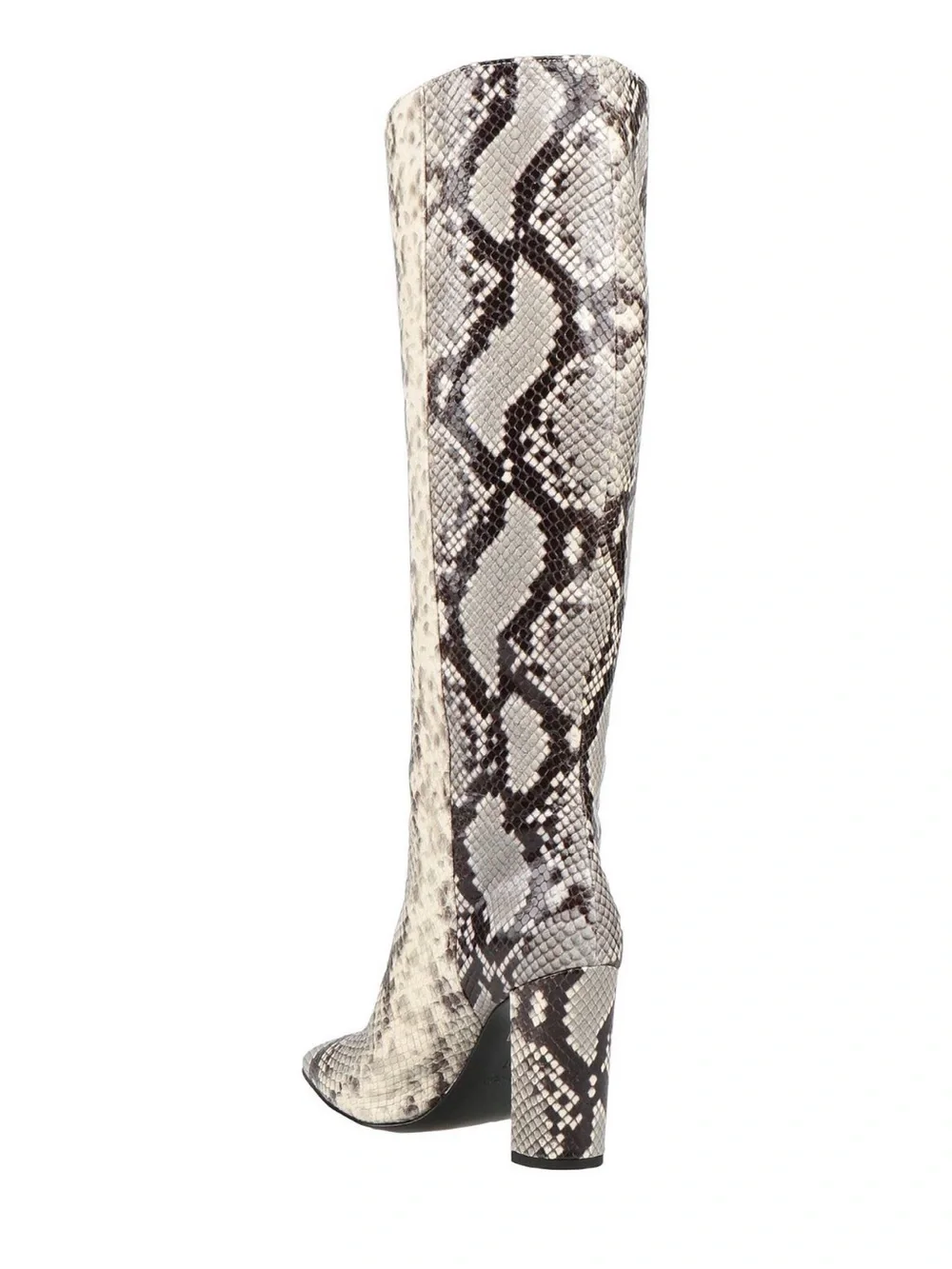 New Knee-High Snake Python-Print Block Heel Boots - White/Brown